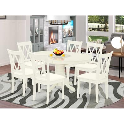 HomeStock 7-Pc Oval Linen White Finish Solid Wood Top Dining Table with 6-Chairs with Butterfly Leaf Cross Back