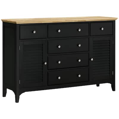 Modern Sideboard Buffet Cabinet with Storage Drawers, Rubber Wood Top and Adjustable Shelves, Coffee Bar, Black