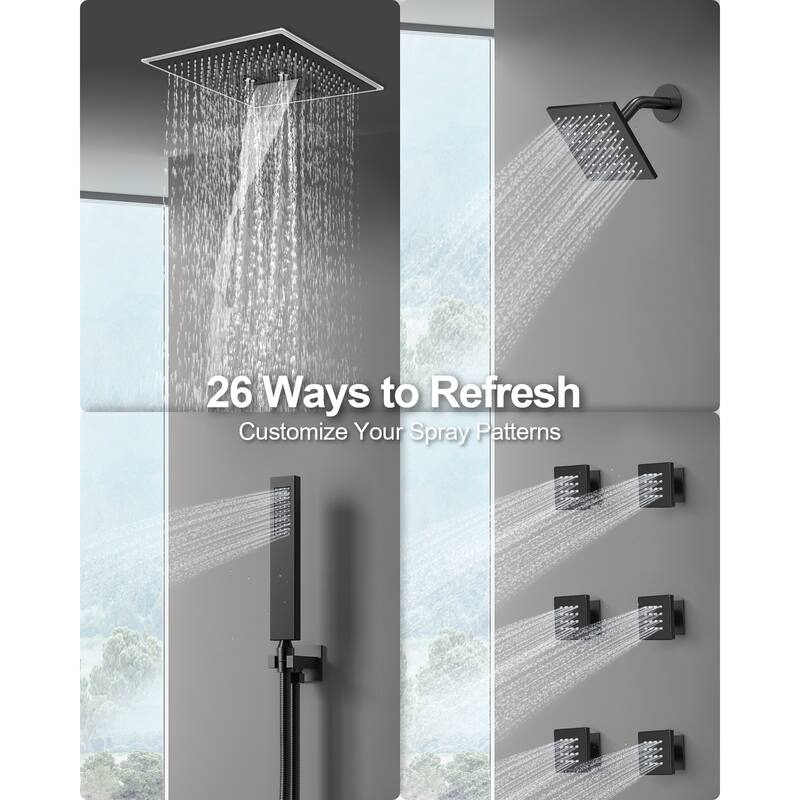 GRANDJOY LED Music Shower System 16" & 6" Dual Shower Heads with 6 Body Jets