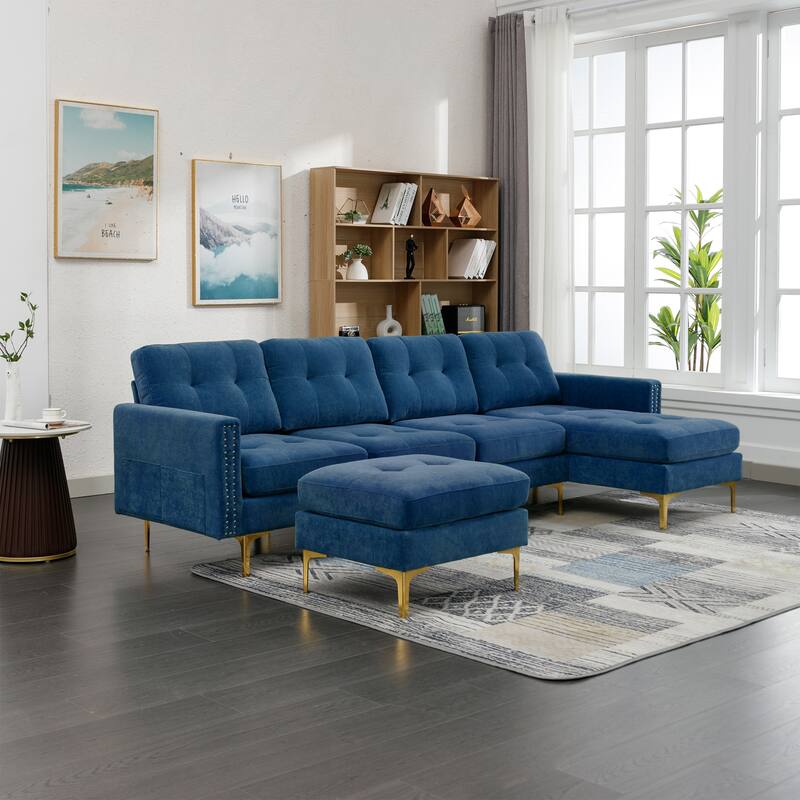 L Shaped Convertible Sectional Sofa with Ottoman, Velvet Fabric 5 Seater Sofa, Upholstered Sofa with Chaise & Storage Pockets