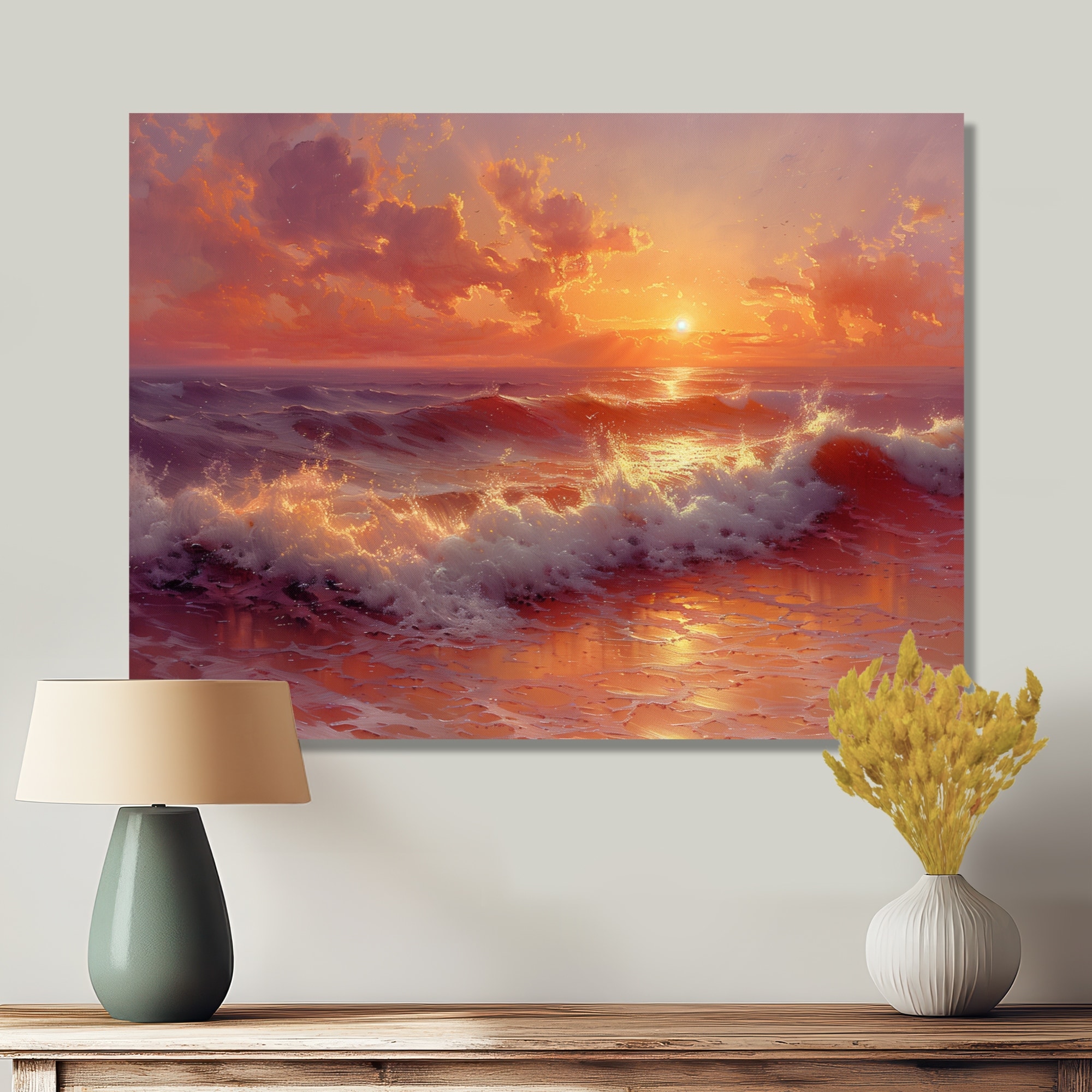 Designart "Beachside Sunset Paradise" Beach Canvas Wall Art - Nautical & Coastal Wall Decor Art Red Wall Art Print