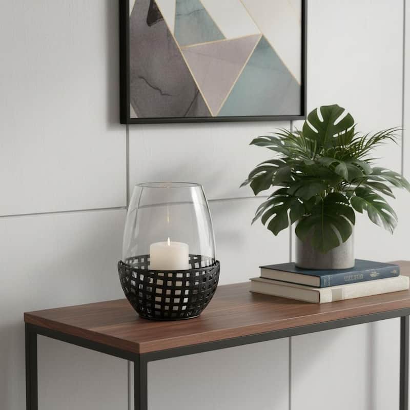 8" Black Woven Metal And Glass Tabletop Hurricane Candle Holder - Black