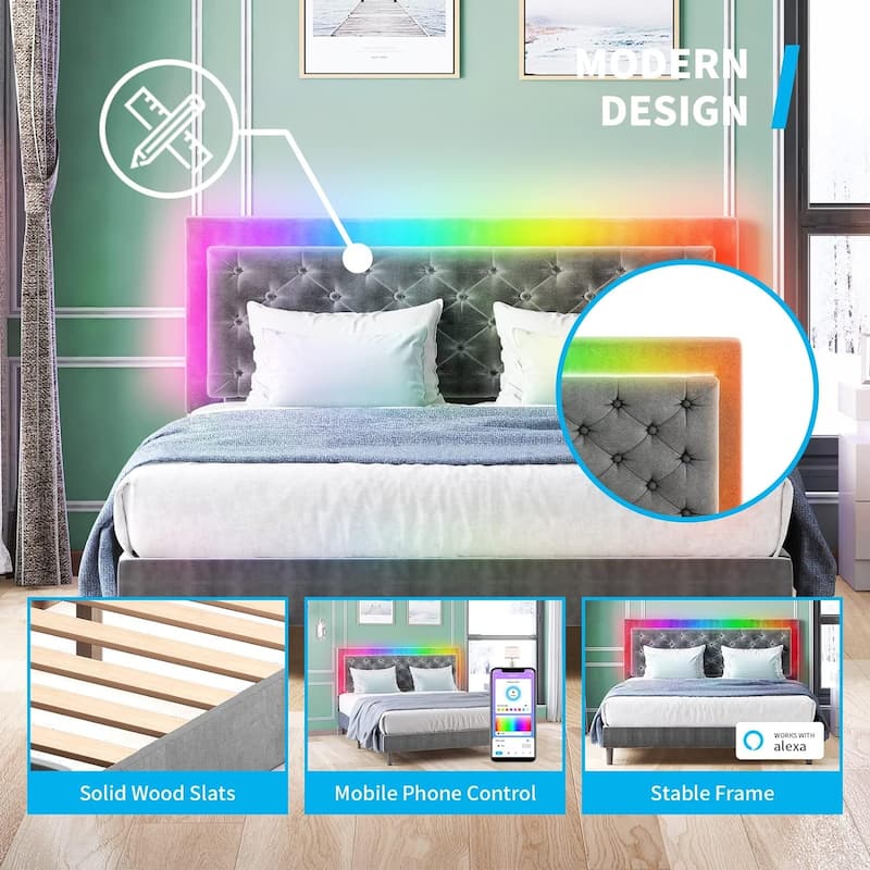 Mixoy Velveteen RGB LED Bed Frame with Button Tufted Adjustable Headboard
