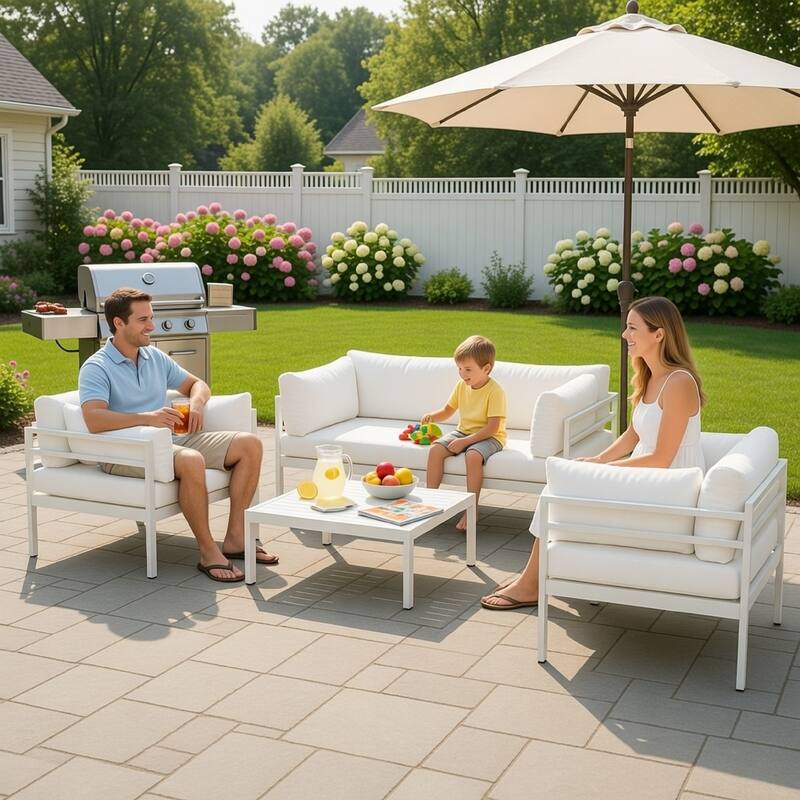 3 Piece Sectional Outdoor Metal Sofa Set with Table, White