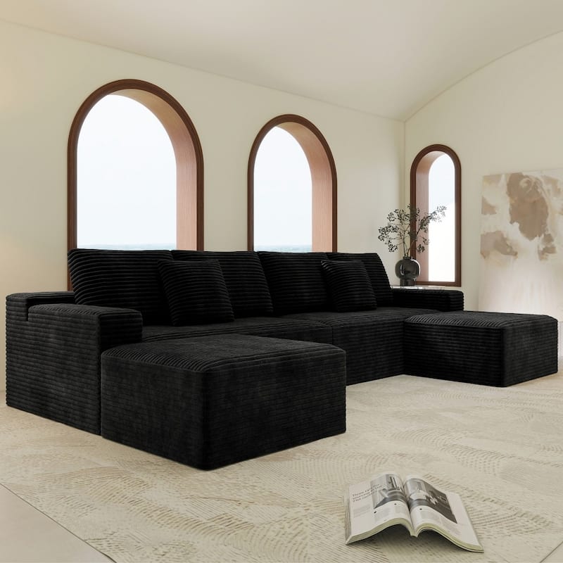 137.8" Corduroy Upholstered Free Combination Modular Sectional Sofa with Ottomans