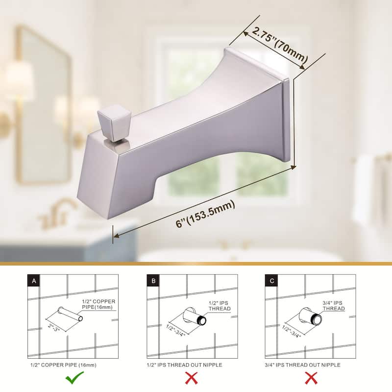 WOWOW Integrated Diverter Square Bathtub Spout in Modern
