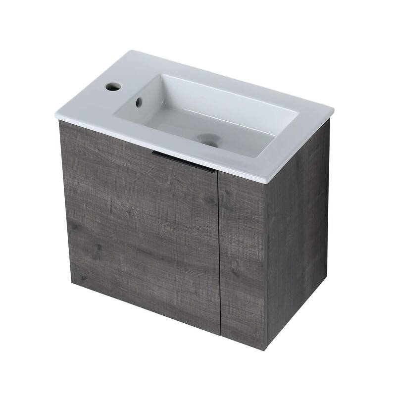 22 inch Plywood Wall-Mounted Bathroom Vanity in Grey Oak with Integrated Ceramic Sink in White with Soft Closing Door