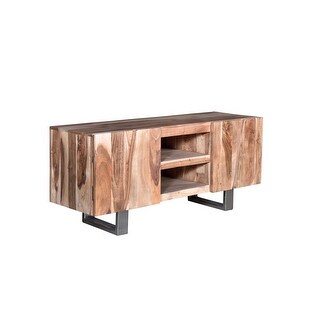53 Inch TV Entertainment Console, Acacia Wood, Black Iron Base, 2 ...