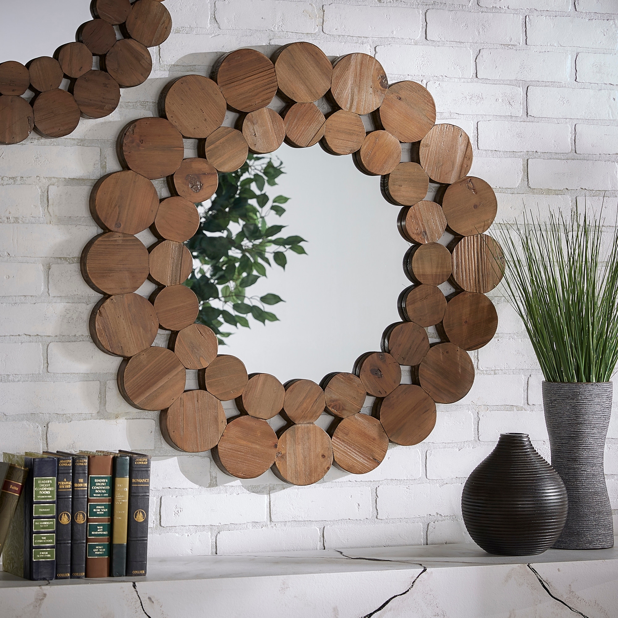 Natural Finish Reclaimed Wood Round Wall Mirror - Small