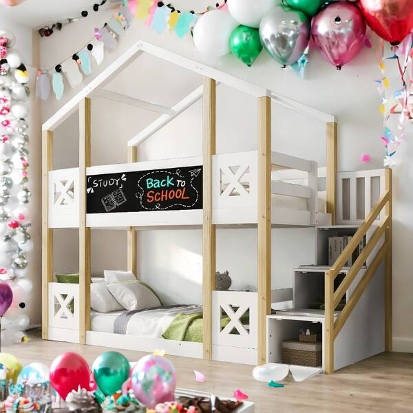 slide 2 of 16, Twin over Twin House Bunk Bed For Kids With Stylish and Simple Look Castle Shape Bunk Bed White