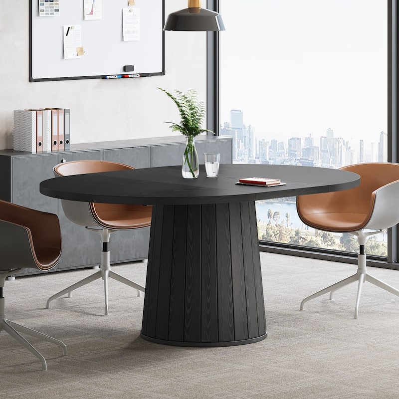 55.11 Inch Brown Wood Oval Conference Table with Wood Base for 6 People