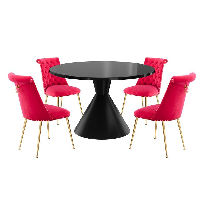 48" Light Luxury Black High Gloss Large Countertop Dining Table with Velvet Dining Chair Set