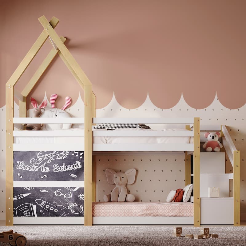 Twin Over Twin House Bunk Bed with Storage Staircase, Two Blackboards, and Pinewood Frame for Kids' Rooms