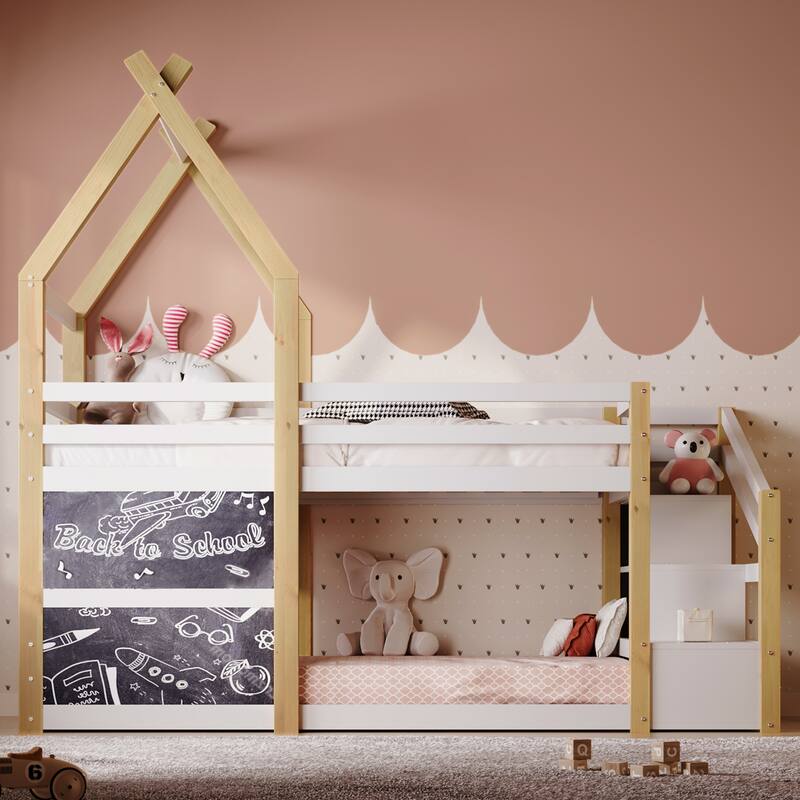 Twin Over Twin Treehouse Bunk Bed with White Storage Staircase, Dual Blackboards, Natural Wood Accents