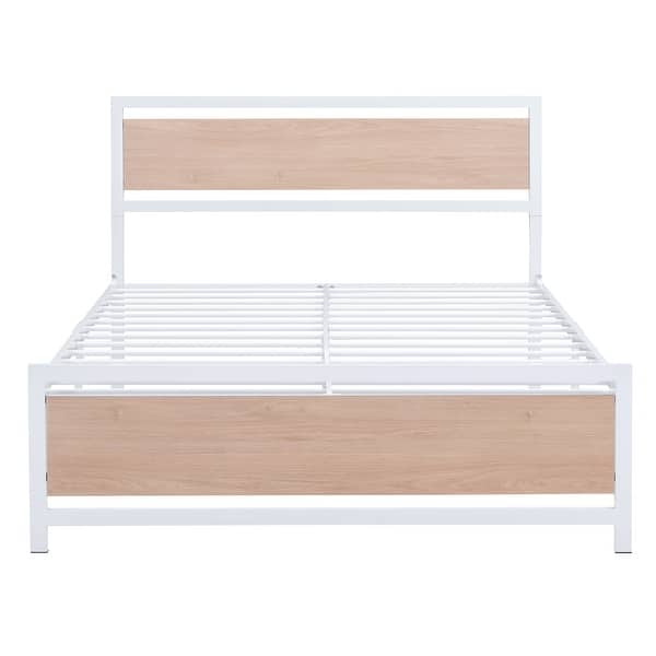slide 2 of 9, White Full Size Bed Frame Metal Platform with Wood Headboard Footboard, Heavy Duty Steel Slats Support/ No Box Spring Required White - Full