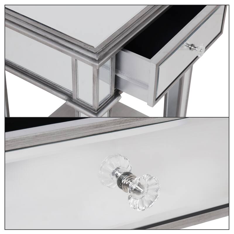 Mirrored Bedside Nightstand Glass Side V Table Silver with Drawer