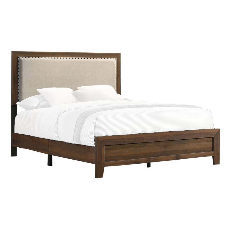 Shannon Full Bed with Nailhead Trim, Ivory Fabric on Cherry Brown Wood