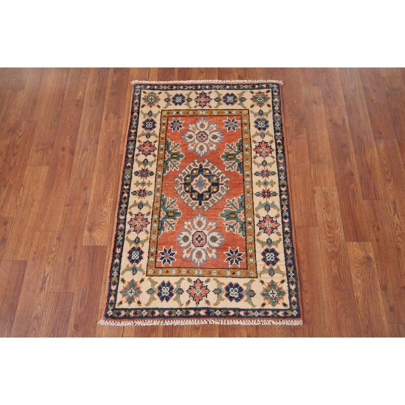 Geometric Kazak Accent Rug Handmade Orange Wool Carpet - 2'0" x 3'0"