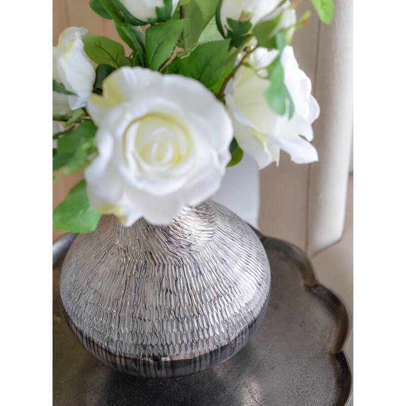 D9x10" Silver Glass Vase with Geometric Textured Pattern Modern Home Decor