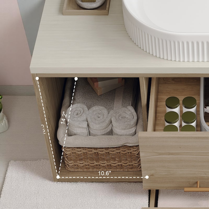 Modern Wall-Mounted Bathroom Vanity with Oval Ceramic Sink, Solid Wood Floating Cabinet, Soft-Close Storage