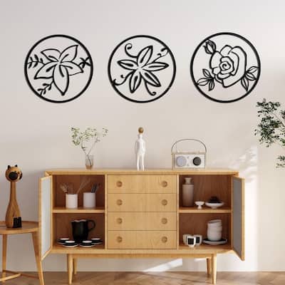 3-Piece Black Metal Floral Wall Art Set - Round Hollow-Out Design