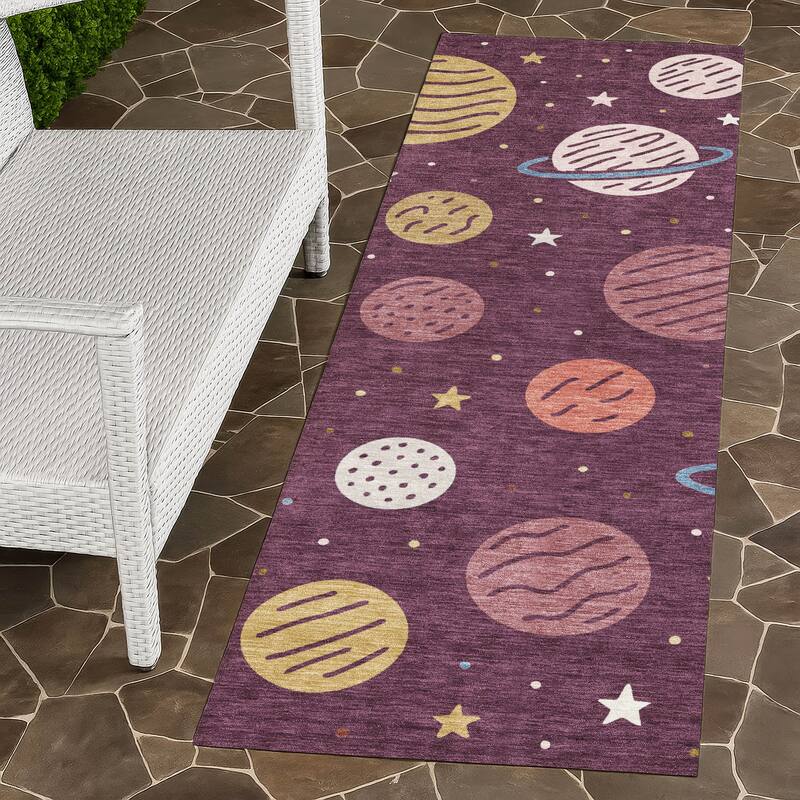 Machine Washable Indoor/ Outdoor Modern Planets Chantille Rug - Eggplant - 2'3" x 7'6"