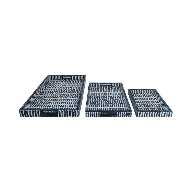 Resin Wood Decorative Trays with Inlay Pieces (Set of 3) - 2" Blue - 24" x 15" x 2"