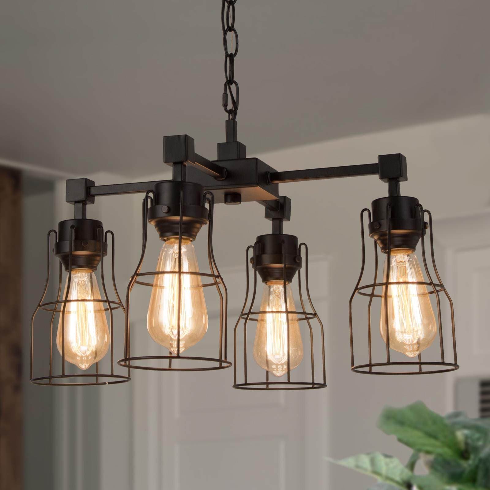Modern Industrial 4-Light Black Cage Chandelier for Dining Room - 20" W x 12.5" H