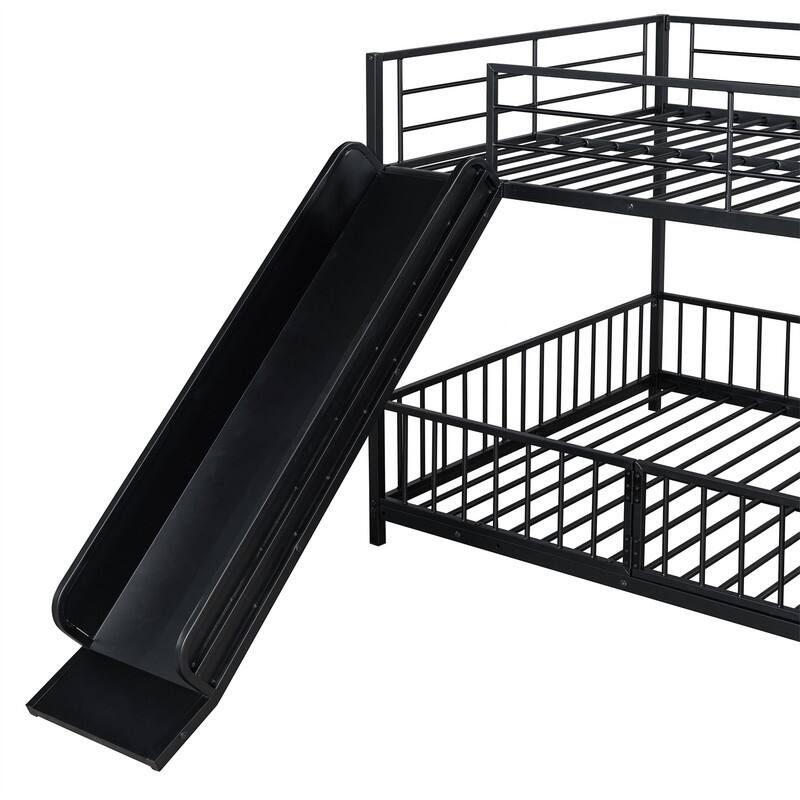 Metal Bunk Bed with Slide and Door, Twin Over Twin/Full Over Full Low Bunk Bedframe with Fence Guardrails and Ladder for 2 Kids