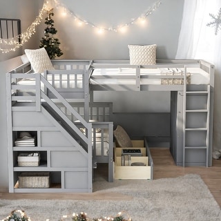 Twin-Twin over Full L-Shaped Bunk Bed With 3 Drawers,Desk,Wardrobe