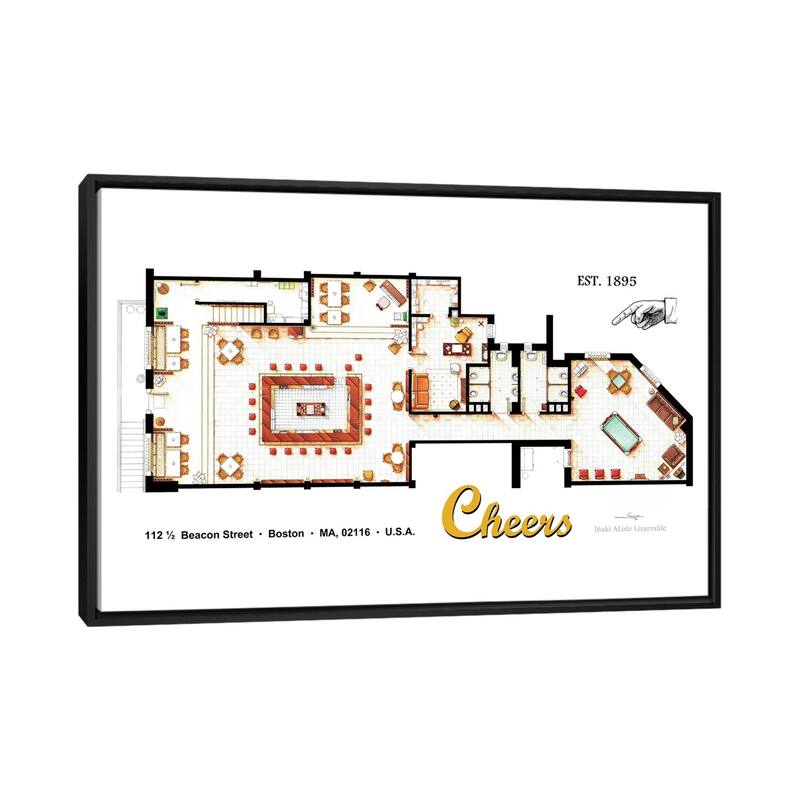 iCanvas "The Bar From Cheers" by TV Floorplans & More Framed Canvas Print - Black - 26x40