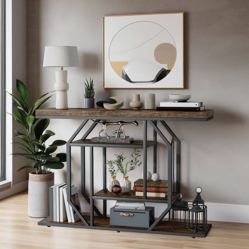 Console Table Industrial 4-Tier Entryway Table Narrow Wood Accent Tables with Storage Shelves for Living Room, Hallway, Foyer