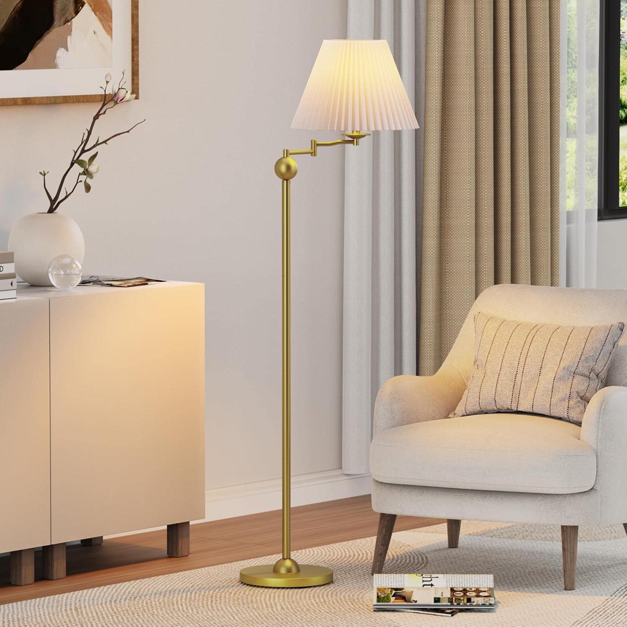 64.25" Modern Mid-Century Floor Lamp for Living Room, Adjustable Swing Arm Floor Lamp, Gold Lamp Body with White Pleated Shade