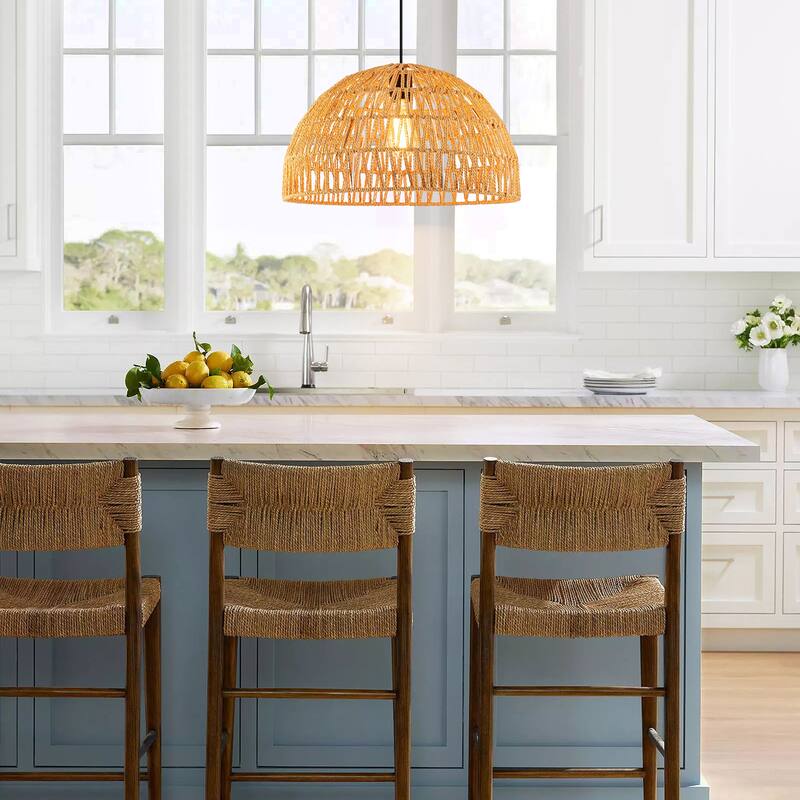 1-Light Modern Farmhouse Bohemian Round Hand-Woven Rattan Flush Mount Light Dome Pendant Light