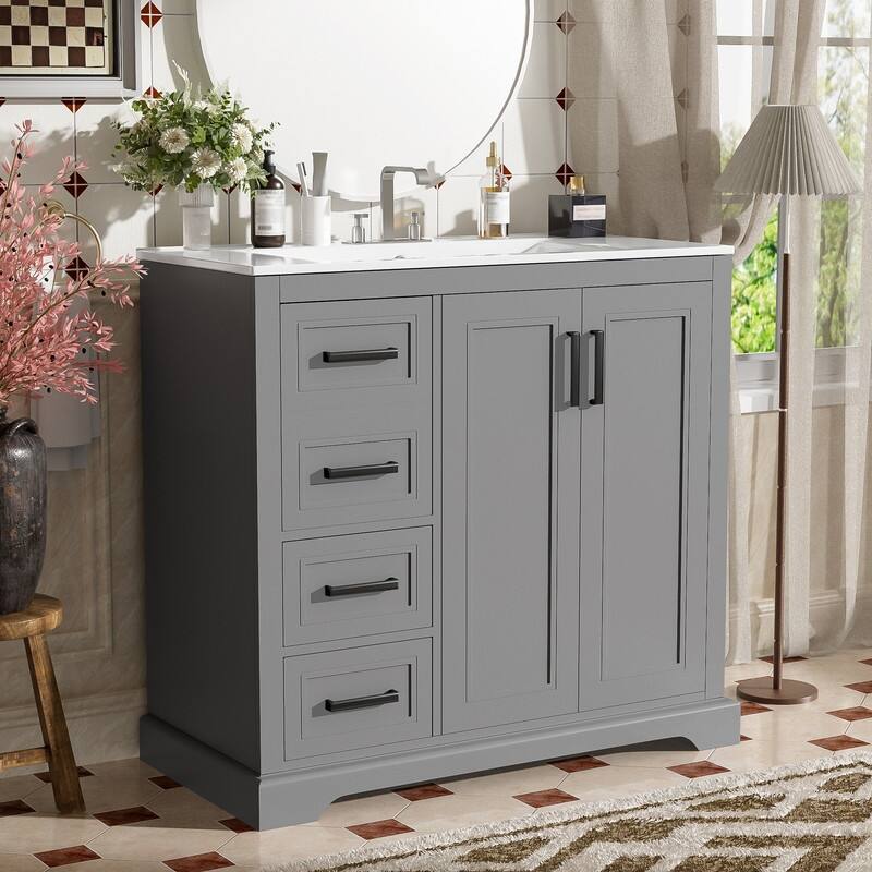 36" Bathroom Vanity with Ceramic Sink, Soft-Close Door, Adjustable Shelf & 3 Drawers