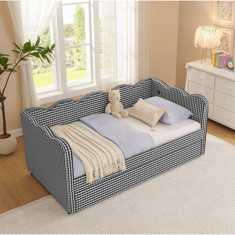 Linen Fabric Gingham Daybed with Trundle, Twin Size Sofa Bed with USB Port and Adorable Wave Shaped Headboard