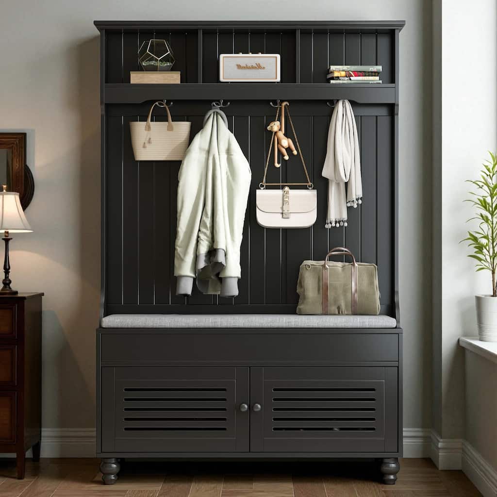 47.2'' Wide 5-in-1 Hall Tree with Bench, Cushion, Shutter Doors & 4 Hooks, Entryway Storage Organizer Cabinet