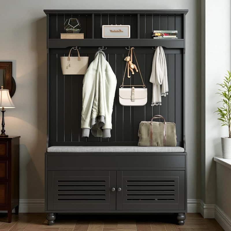 47.2'' Wide 5-in-1 Hall Tree with Bench, Cushion, Shutter Doors & 4 Hooks, Entryway Storage Organizer Cabinet - Black