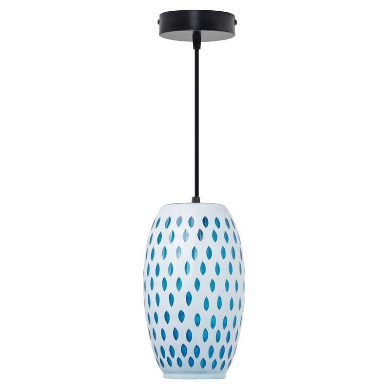 Adriana River of Goods Black Metal and White/Blue Glass 6-Inch Pendant Light with Adjustable Hanging Cord - 6" x 6" x 70.75"