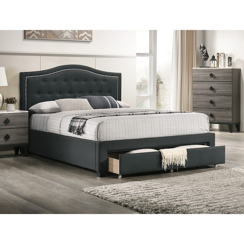 Charcoal Burlap Fabric 1pcs Queen Size Bed w Drawer Button Tufted Arch Design Headboard Storage FB Bedframe Bedroom Furniture