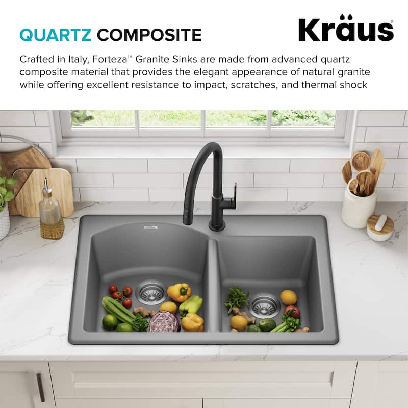 KRAUS Forteza Granite 33 inch 60/40 Undermount Drop-in Kitchen Sink