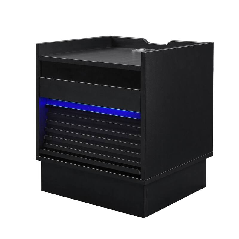 LED Nightstand with Charging Station, Sofa Side Table with 2 Drawers & Extended Bookshelf, Multi-functiona Entryway Table