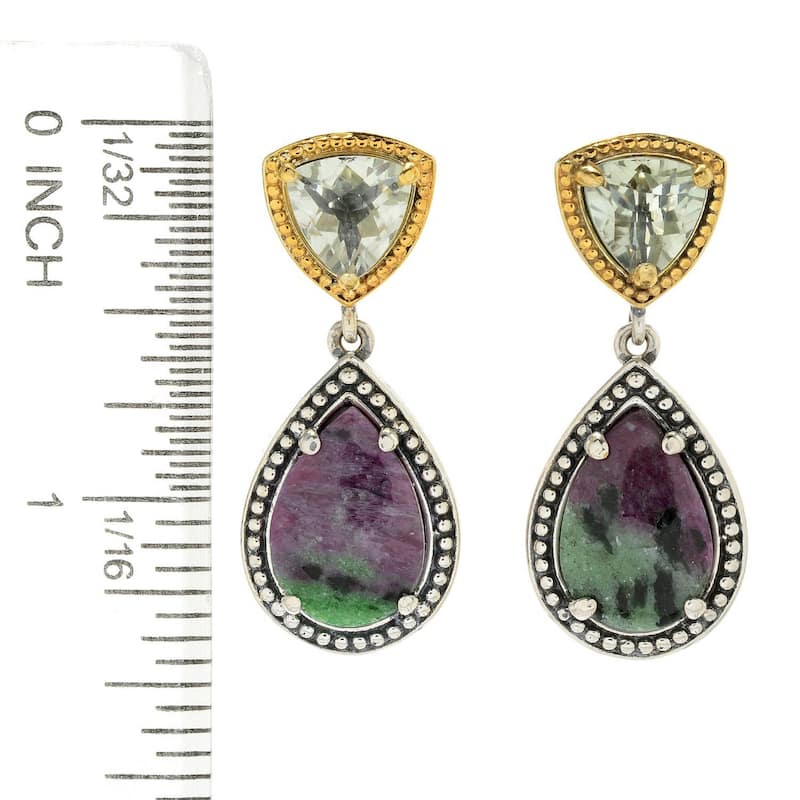925 Sterling Silver Ruby Zoisite and Green Amethyst Dangle Earrings