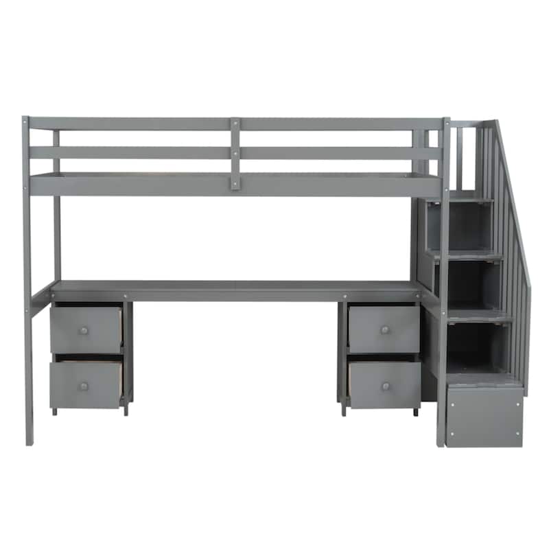 Gray Twin Size Solid Wood Loft Bed with Built-in Desk and Storage Drawers