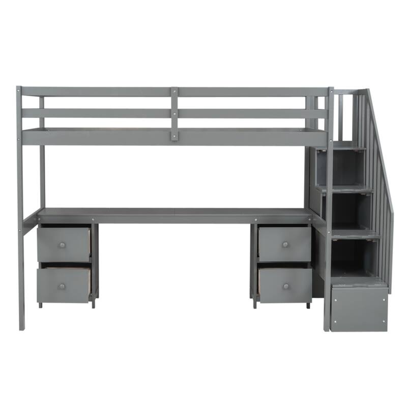 Twin Size Solid Wood Loft Bed with Built-in Desk and Storage Drawers