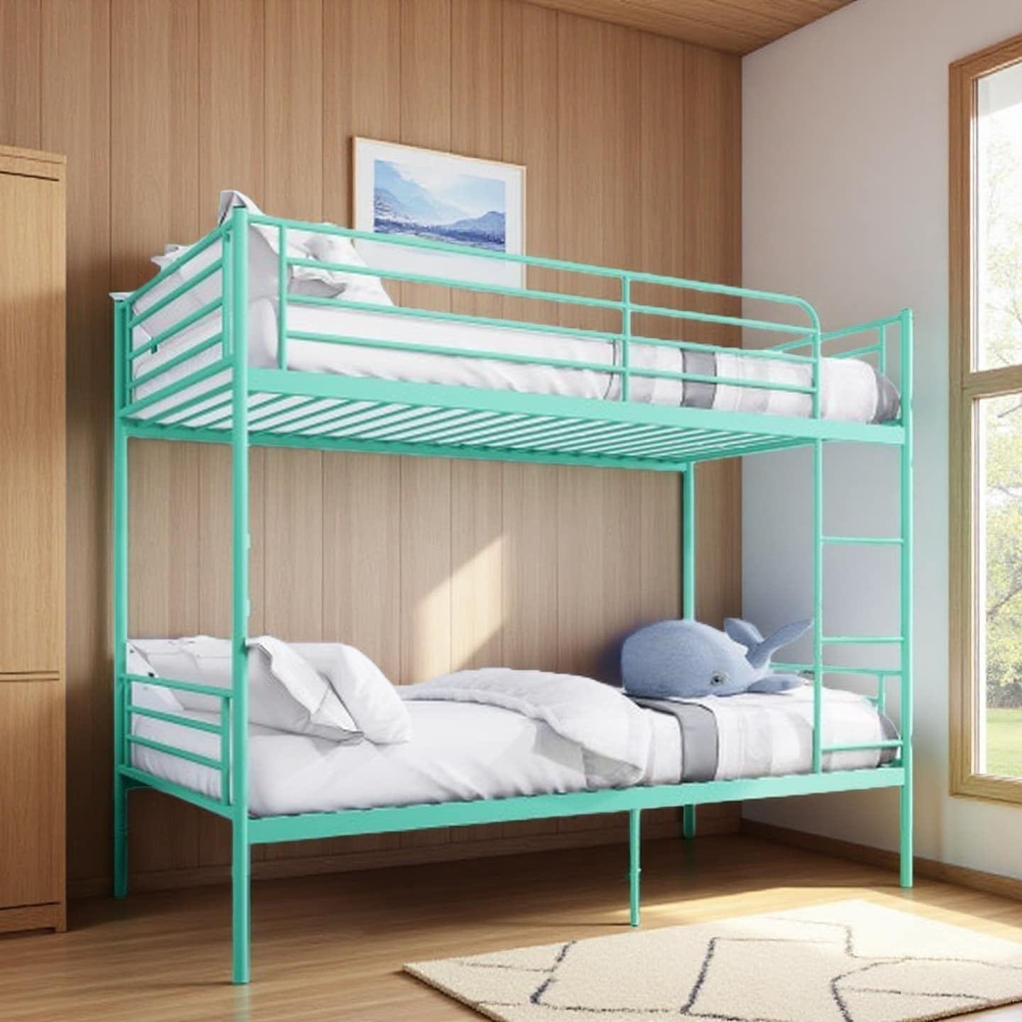 Twin Size Metal Bunk Bed Frame with Convertible Design, Secure Upper Guard Fence, Built-In Ladder and Underbed Storage
