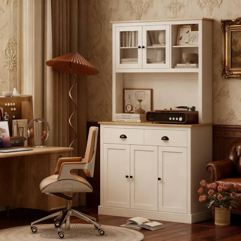 71" Tall Freestanding Kitchen Pantry Cabinet with Adjustable Shelves and Glass Doors - White