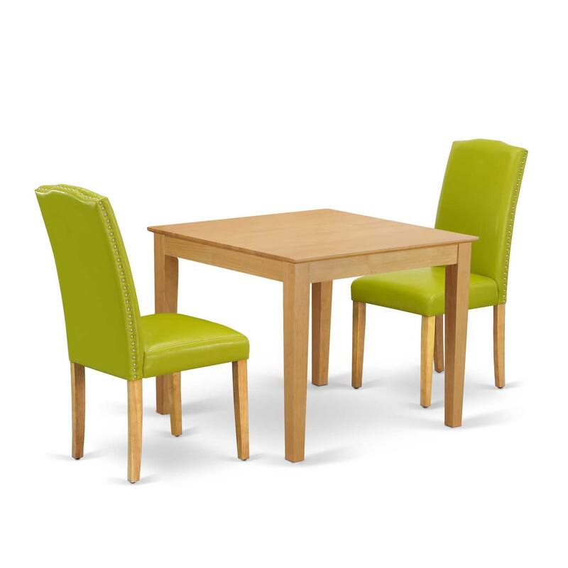 Square Dining Set 3Pc Table & Chairs - Green PU Leather - Oak Legs - 36 Inch - Home Kitchen Furniture