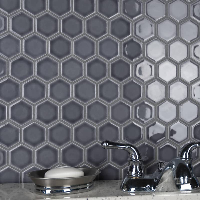 Merola Tile Hudson Due 2" Hex Imperial Grey 10-7/8" x 12-5/8" Porcelain Mosaic Floor and Wall Tile