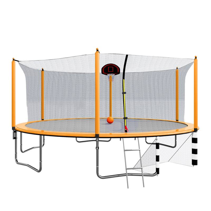 16FT Trampoline with Basketball Hoop, Pump, Ladder, Soccer Goal & Inner Safety Enclosure - Orange